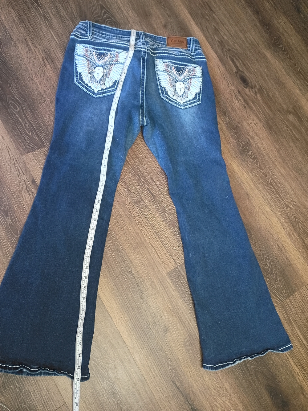Embroidered Flare Jeans in Dark Blue by